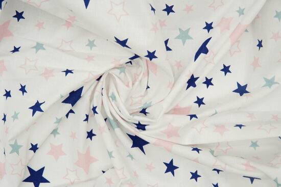 Kokvilna - Zvaigznes (rozā, pelēkas) uz balta fona